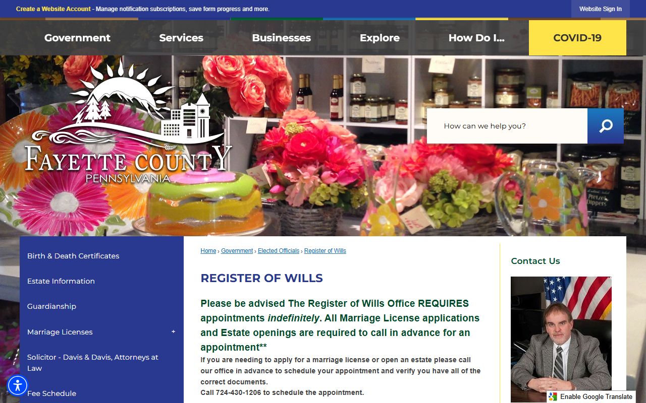 Fayette County Register of Wills and Orphans' Court page