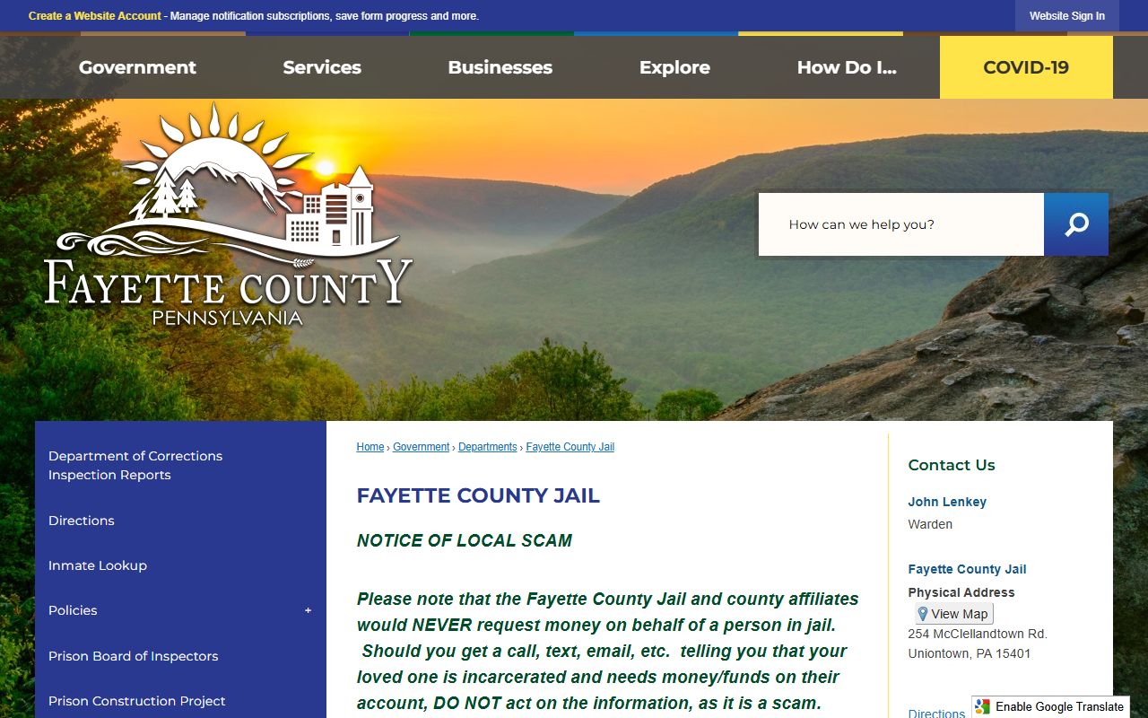 Fayette County Jail information page