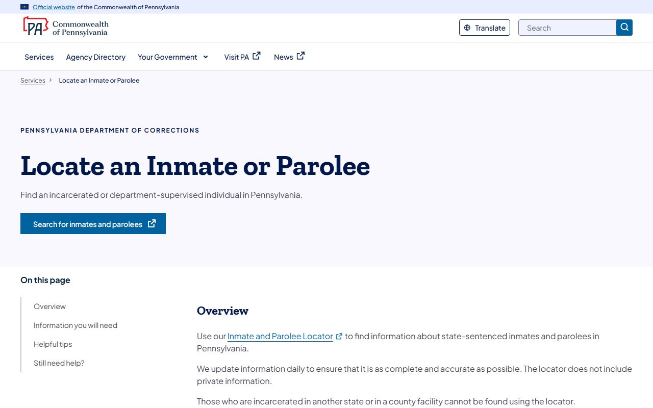 Pennsylvania DOC inmate and parolee locator for Fayette County inmates