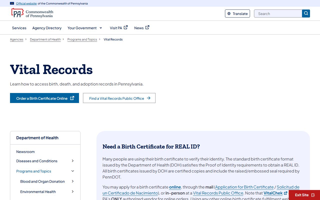 Pennsylvania vital records program for statewide records