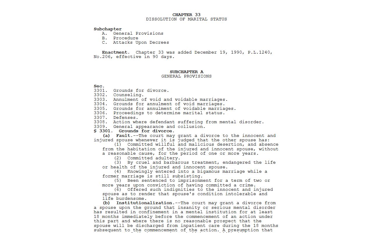 Pennsylvania divorce grounds statute for Fayette County divorce records