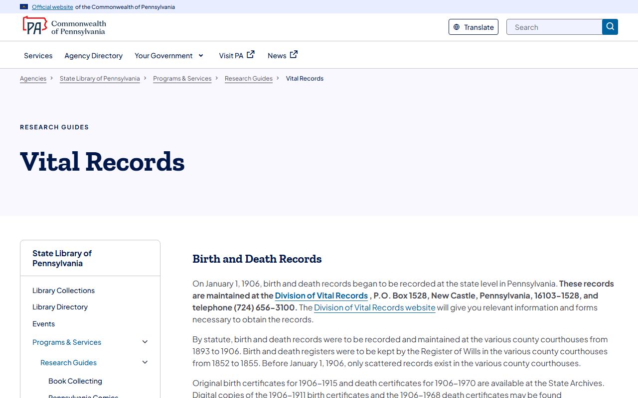 Pennsylvania State Library vital records guide for Fayette County marriage records
