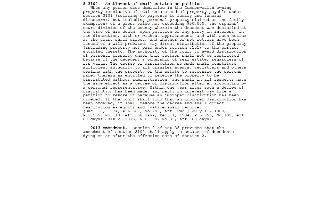 Pennsylvania small estates statute for Fayette County probate records