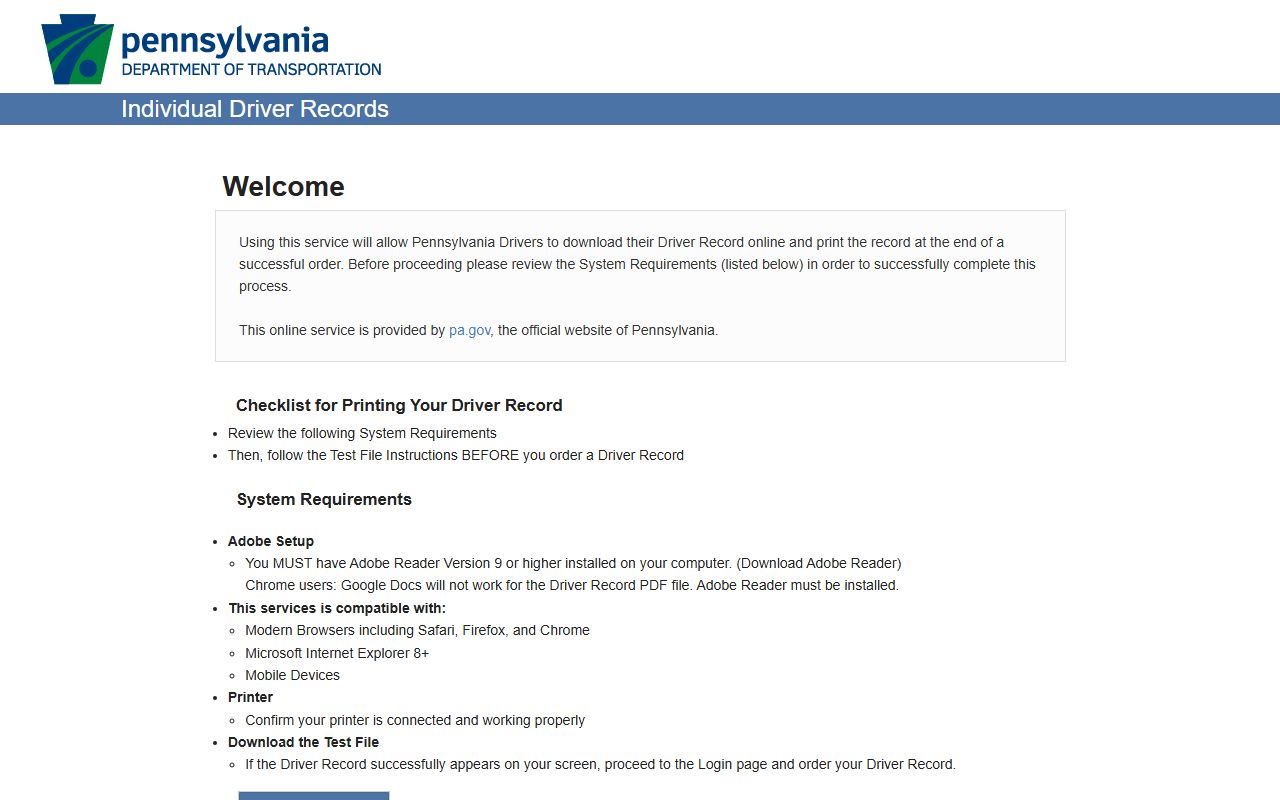 PennDOT individual driver records portal for Fayette County traffic records