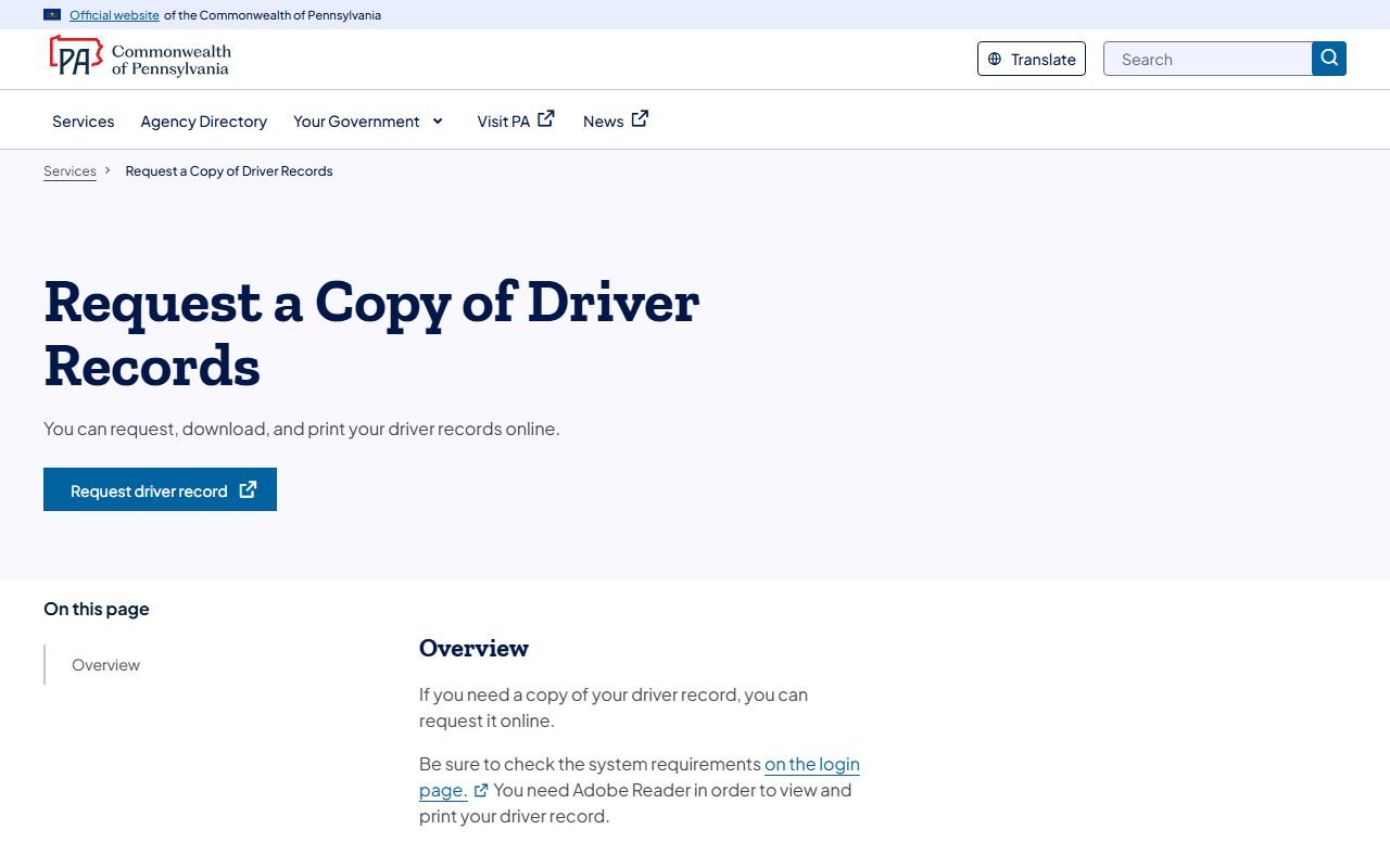 PennDOT driver record request for Fayette County traffic records